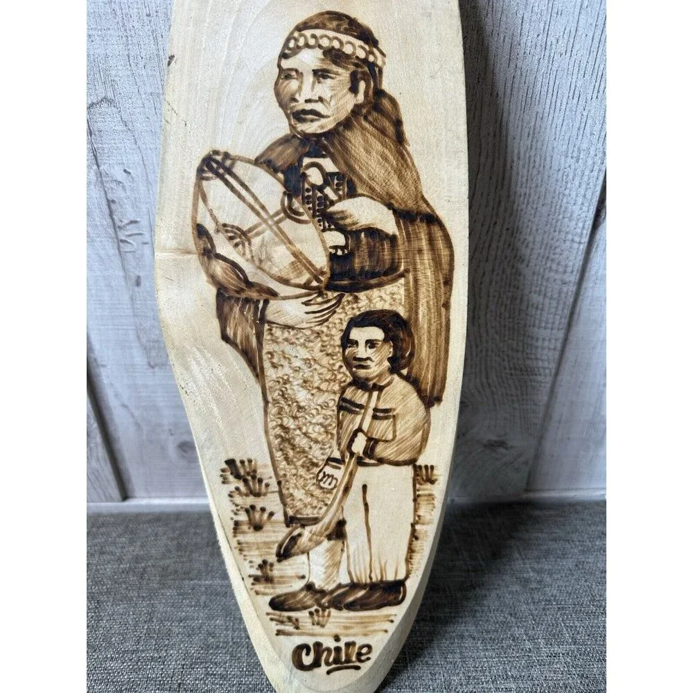 Chile Wood Carved Tribal Handmade Decor Set of 2 Chilean Man Woman Child